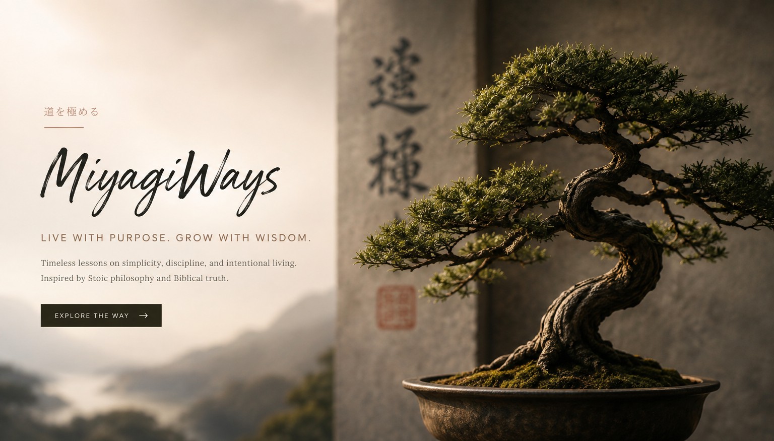 A weathered bonsai tree in an old clay pot, set against a stone wall with Japanese calligraphy and misty mountains in the background